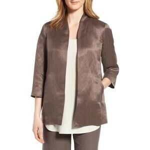 Eileen Fisher Brown Organic Linen Silk Open Front Lined Jacket Blazer Size PM